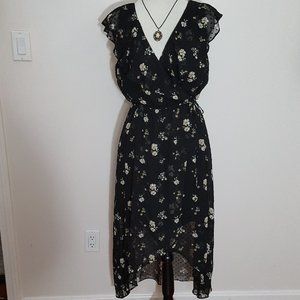 Soprano Black Floral X Cross Ruffle Hi-Lo Dress L